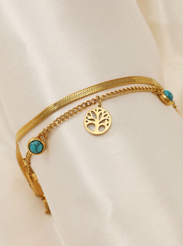 Shein - 1pc Fashion Stainless Steel Turquoise & Tree Charm Layered Bracelet