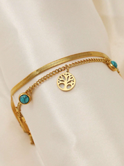 Shein - 1pc Fashion Stainless Steel Turquoise & Tree Charm Layered Bracelet