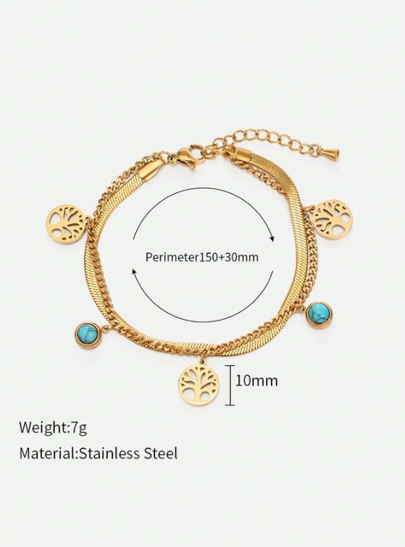 Shein - 1pc Fashion Stainless Steel Turquoise & Tree Charm Layered Bracelet