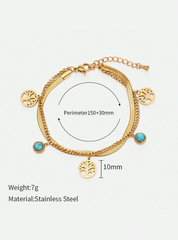 Shein - 1pc Fashion Stainless Steel Turquoise & Tree Charm Layered Bracelet