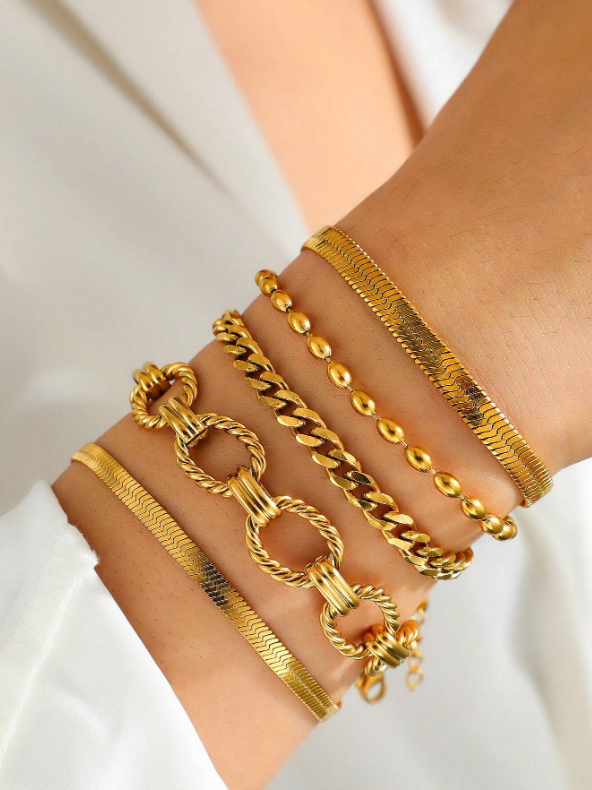 Shein - 5pcs/Set Stainless Steel Multilayer Chain Bracelet Set