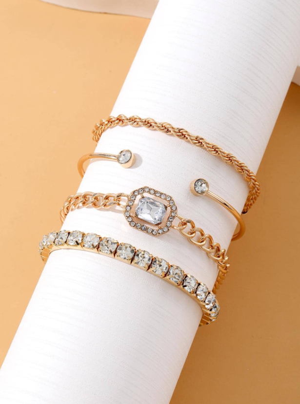 Shein - 4pcs/set Glamorous Zinc Alloy Cubic Zirconia Decor Bracelet