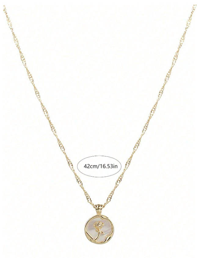 Shein - 1pc Luxurious Vintage White Simple Rose Necklace With Metal Round Pendant