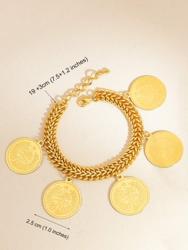 Shein - 1pc Gold Coin Bracelet Double Chain Bracelet Suitable For Men And Women
