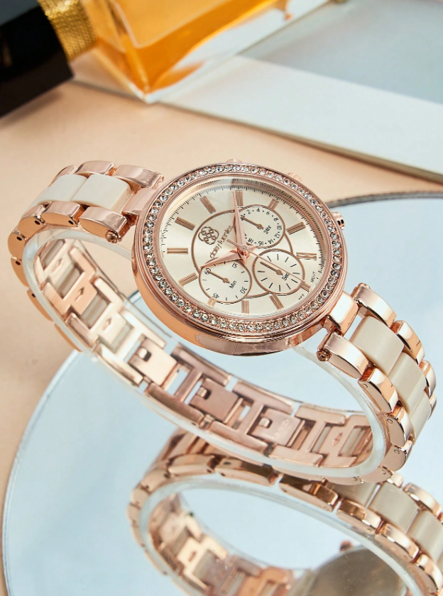Shein - 1pc Women's Alloy Band Fashionable Rhinestone Decor Quartz Watch