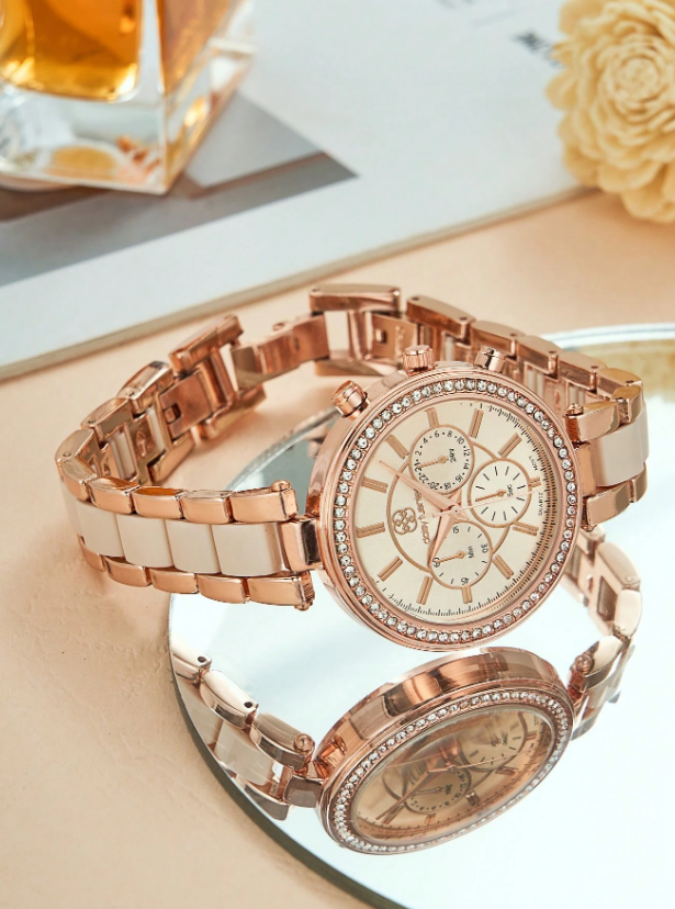 Shein - 1pc Women's Alloy Band Fashionable Rhinestone Decor Quartz Watch