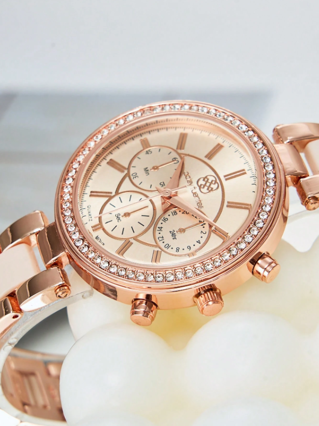 Shein - 1pc Women's Alloy Band Fashionable Rhinestone Decor Quartz Watch