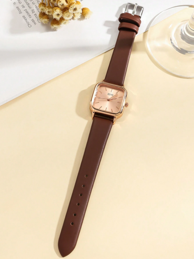 Shein - 1pc Women's Elegant Fashion Bar Scale Dial Leather Strap Quartz Watch