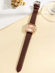 Shein - 1pc Women's Elegant Fashion Bar Scale Dial Leather Strap Quartz Watch