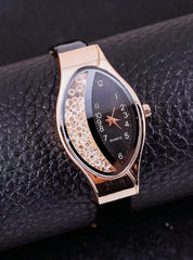 Shein - 1pc Men Watch Black PU Polyurethane Strap Fashion Rhinestone Decor Oval Dial Quartz Watch & 1pc Charm Bracelet