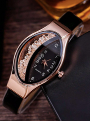 Shein - 1pc Men Watch Black PU Polyurethane Strap Fashion Rhinestone Decor Oval Dial Quartz Watch & 1pc Charm Bracelet