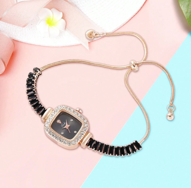 Shein - 1pc Women's Black Zirconia Inlaid, Smooth Drawstring Bracelet Watch With Rhinestone Alloy Case, Minimal Dial Elegant Quartz Watch