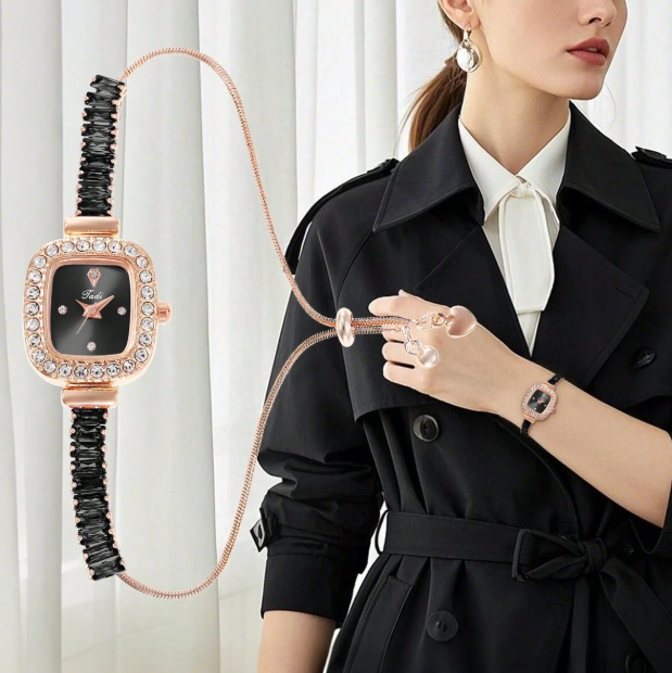 Shein - 1pc Women's Black Zirconia Inlaid, Smooth Drawstring Bracelet Watch With Rhinestone Alloy Case, Minimal Dial Elegant Quartz Watch