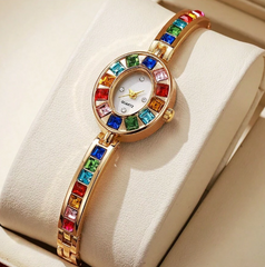 Shein - New Luxury Women's Watch Bracelet With Inlaid Colorful Zirconia Stainless Steel Strap