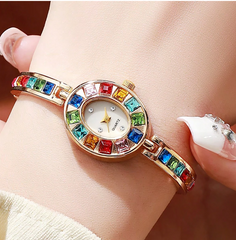Shein - New Luxury Women's Watch Bracelet With Inlaid Colorful Zirconia Stainless Steel Strap