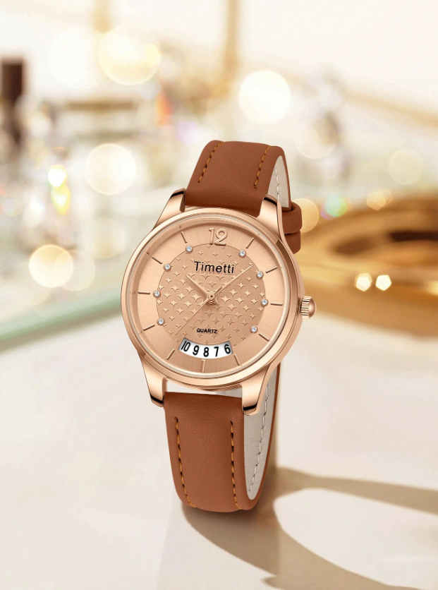 Shein - 1pc Women Vintage Elegant Calendar Quartz Wrist Watch