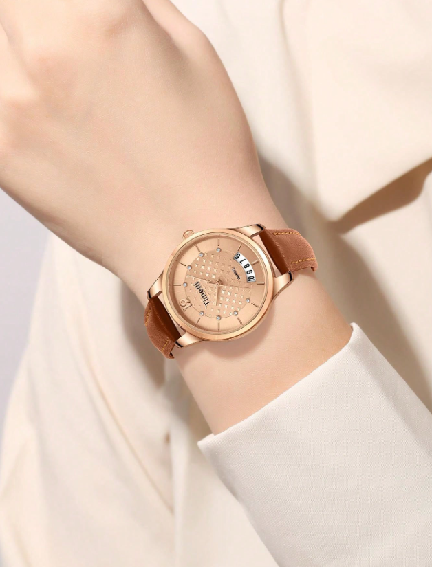 Shein - 1pc Women Vintage Elegant Calendar Quartz Wrist Watch