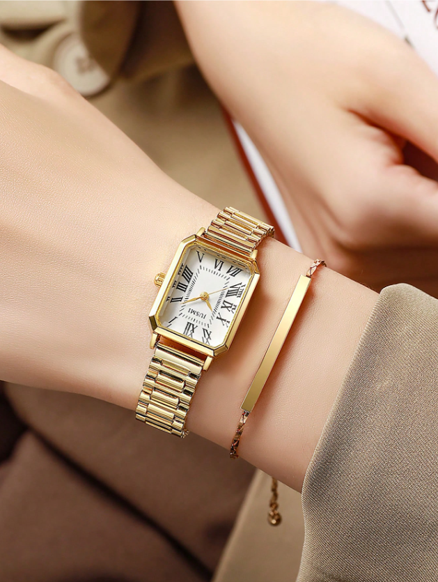 Shein - 2pcs/Set: Elegant Fashion Women's Quartz Watch With Roman Numeral Dial And Minimalist Steel Band