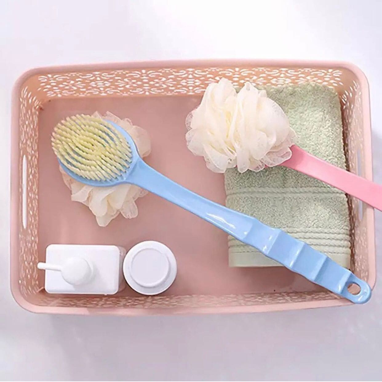 2 In 1 Bathing Scrubbing Long Handle Brush, Shower Body Brush with Bristles and Loofah, Back Scrubber Bath Mesh Sponge with Curved Long Handle, Back Scrubber Body Brush