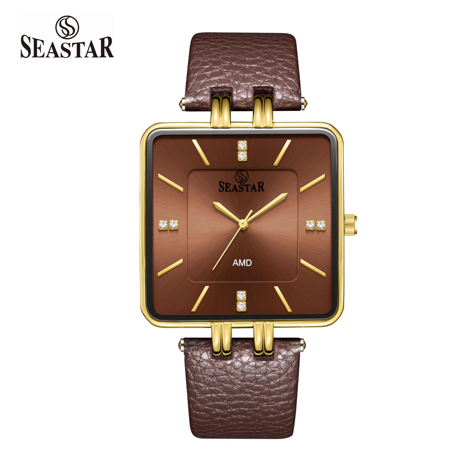 SEASTAR SS-2466M Gold Bezel Leather Strap Watch