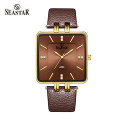 SEASTAR SS-2466M Gold Bezel Leather Strap Watch