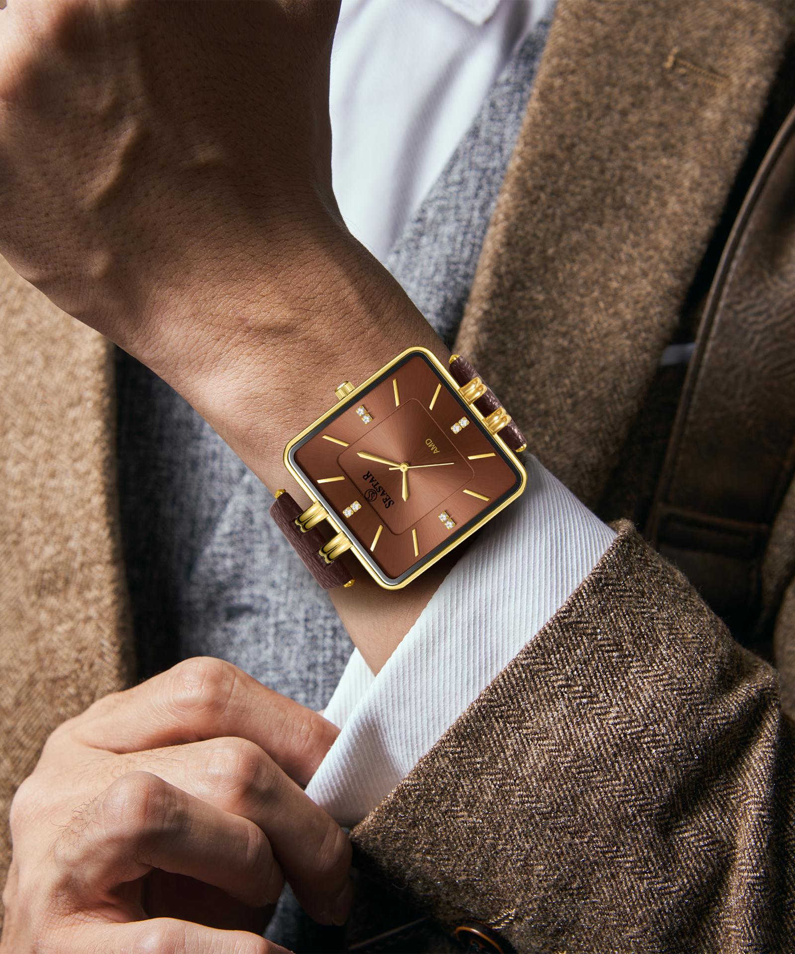 SEASTAR SS-2466M Gold Bezel Leather Strap Watch