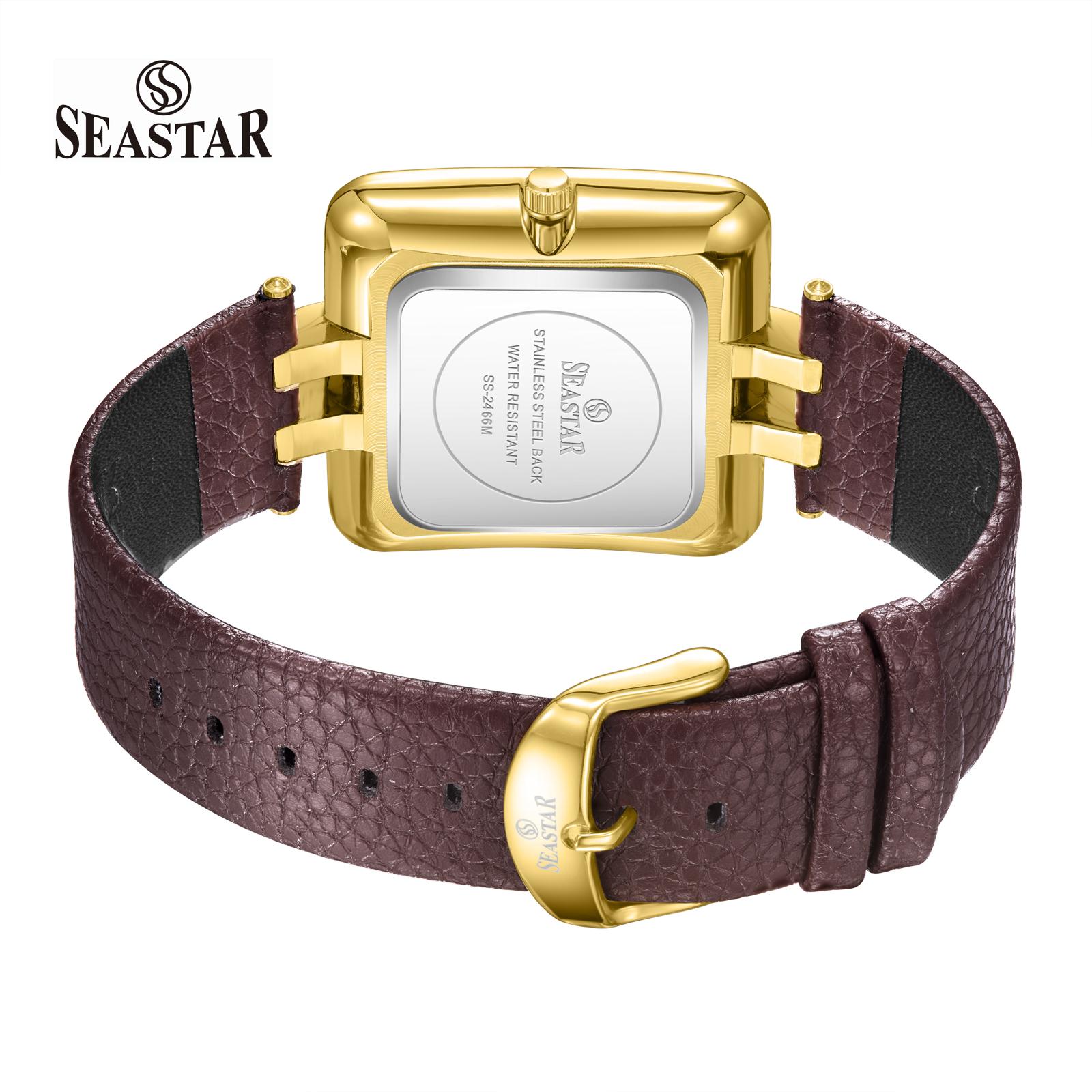SEASTAR SS-2466M Gold Bezel Leather Strap Watch