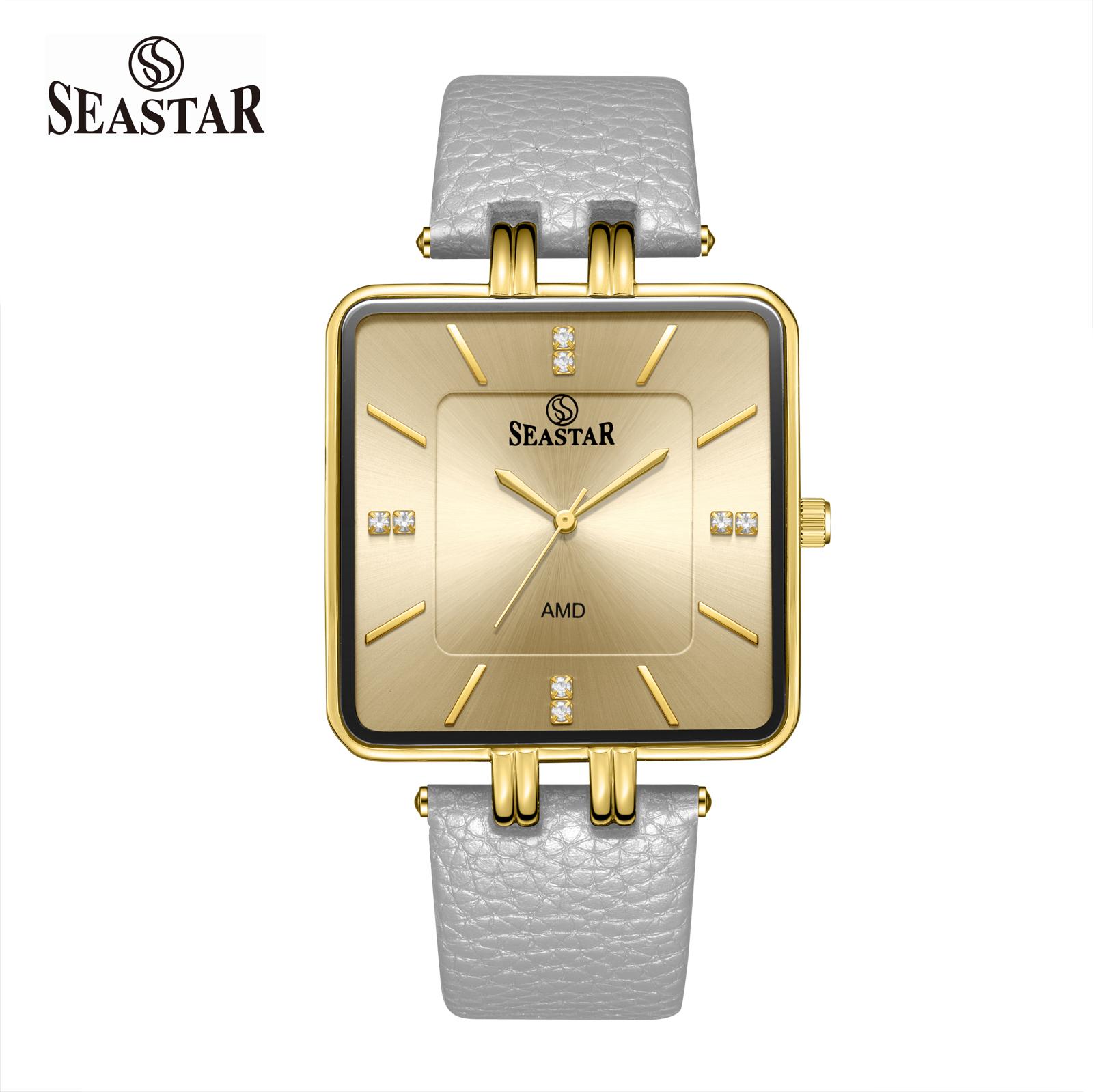 SEASTAR SS-2466M Gold Bezel Leather Strap Watch