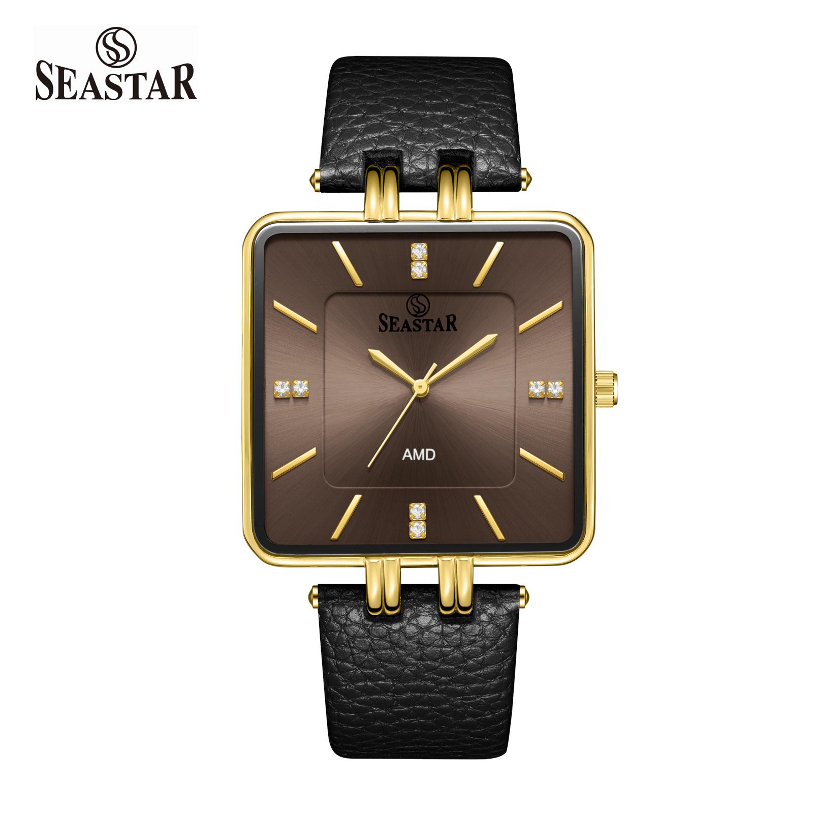 SEASTAR SS-2466M Gold Bezel Leather Strap Watch