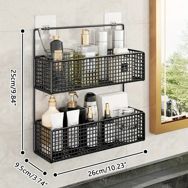 2 Layer Shelving Basket, Wall Mounted Bathroom Rack, Multifunctional Toiletries Organizer, Free Punch Condiment Storage Basket, Kitchen Wall-mounted Storage Basket