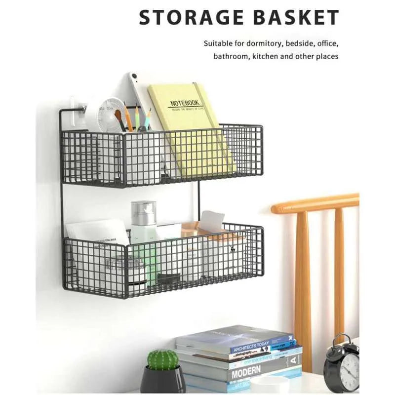 2 Layer Shelving Basket, Wall Mounted Bathroom Rack, Multifunctional Toiletries Organizer, Free Punch Condiment Storage Basket, Kitchen Wall-mounted Storage Basket