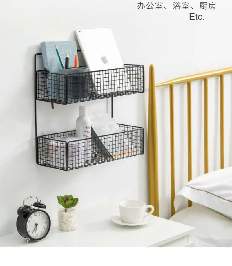2 Layer Shelving Basket, Wall Mounted Bathroom Rack, Multifunctional Toiletries Organizer, Free Punch Condiment Storage Basket, Kitchen Wall-mounted Storage Basket