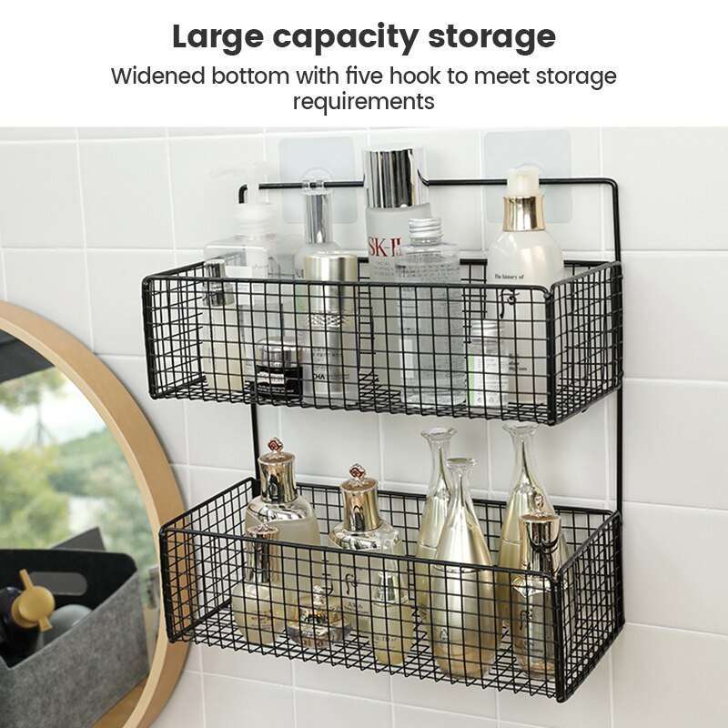2 Layer Shelving Basket, Wall Mounted Bathroom Rack, Multifunctional Toiletries Organizer, Free Punch Condiment Storage Basket, Kitchen Wall-mounted Storage Basket