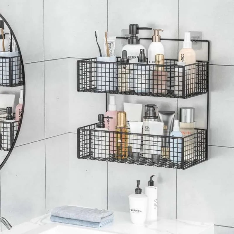 2 Layer Shelving Basket, Wall Mounted Bathroom Rack, Multifunctional Toiletries Organizer, Free Punch Condiment Storage Basket, Kitchen Wall-mounted Storage Basket