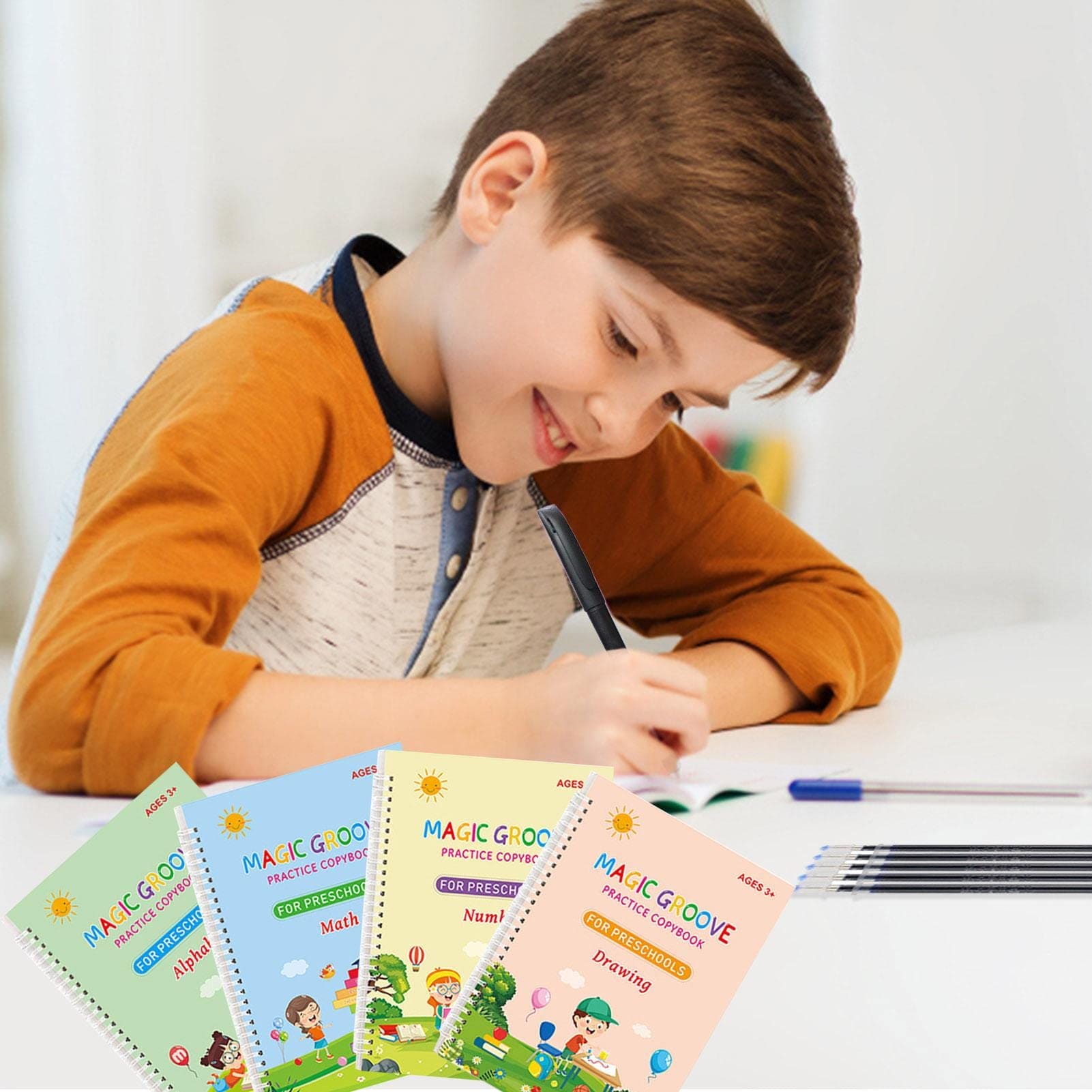 Set of 4 Child Learning Book, Writing Practice Copy Books, Magic Practice Copy Book For Kids, Handwriting Copy Book Set With Magic Pen, Children Reusable Workbook, Tracing Workbook with Pens