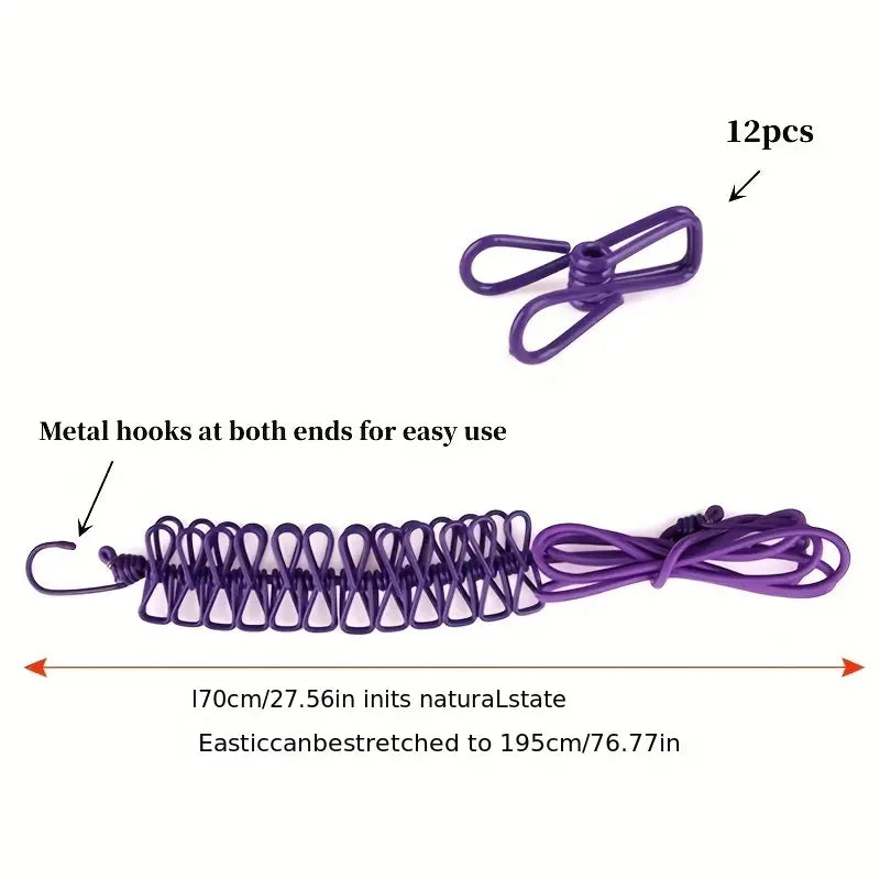 12 Clips Elastic Laundry Rope, Portable Multifunctional Drying Clips, Garden Windproof Clothesline With Clips, Portable Stretchable Line, Traveling Hanger Elastic Rope, Adjustable Laundry Clothesline, Windproof Stretch Drying Rack