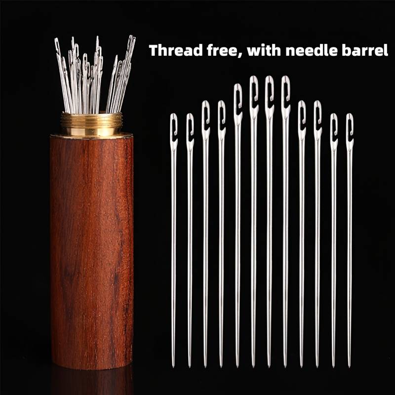 Wooden Needle Case, 30 Pcs Side Hole Blind Sewing Needles, Stainless Steel Elderly Self Threading Needles, Household DIY Beading Threading Needle, Sewing Embroidery Needle Accessories