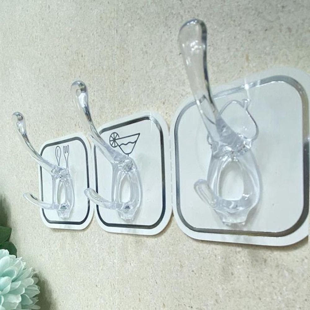 Six Hook Sticky Hanger, Multipurpose Wall Hooks, Transparent Plastic Duty Wall Hook for Kitchen Bathroom Office Storage, Wall Mounted Towel Hanger