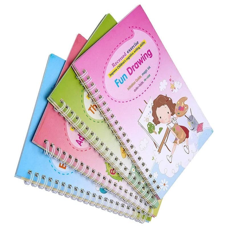 Set of 4 Child Learning Book, Writing Practice Copy Books, Magic Practice Copy Book For Kids, Handwriting Copy Book Set With Magic Pen, Children Reusable Workbook, Tracing Workbook with Pens