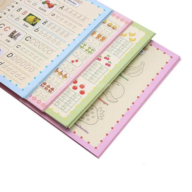 Set of 4 Child Learning Book, Writing Practice Copy Books, Magic Practice Copy Book For Kids, Handwriting Copy Book Set With Magic Pen, Children Reusable Workbook, Tracing Workbook with Pens