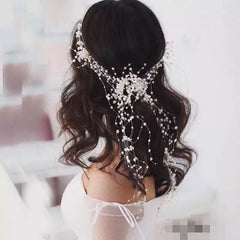 Pearl Hair Chain For Women, Girl Tassel  Flower Tiara Headband Ponytail, Bridal Wedding Tiaras Hand Beaded Long Wreaths Hair Bands, Headdress Mori Pearl Hair Band, Wedding Accessories