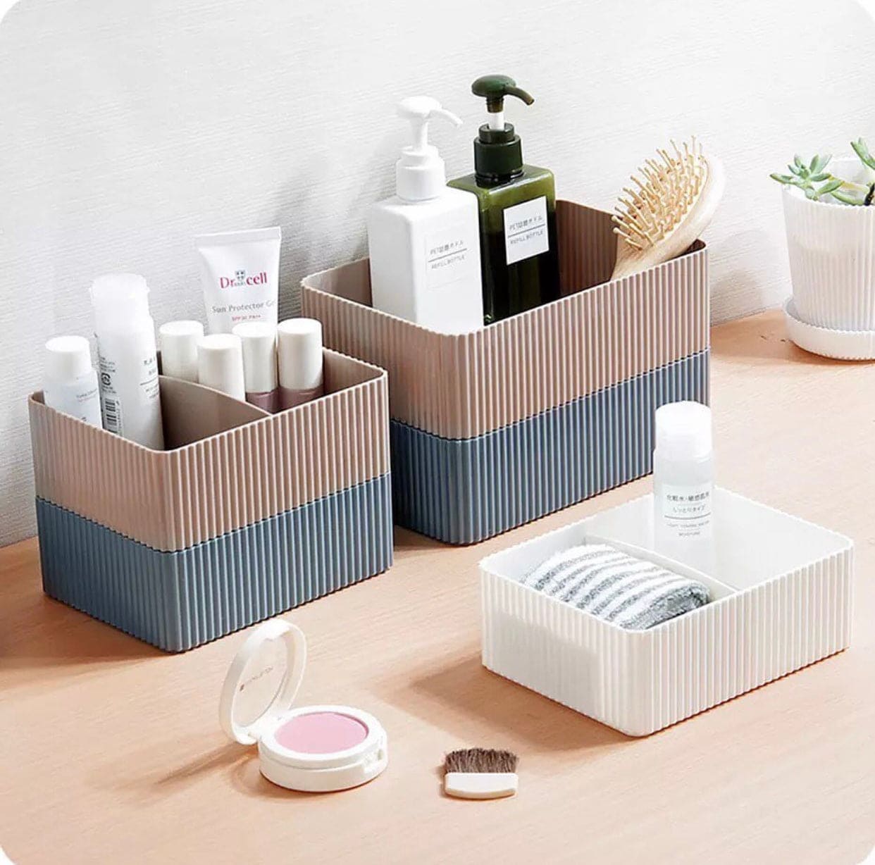 Multipurpose 2 Grid Plastic Makeup Storage Desktop Rack, Plastic Toiletries Storage Basket, Women Care Dressing Table Beauty Case