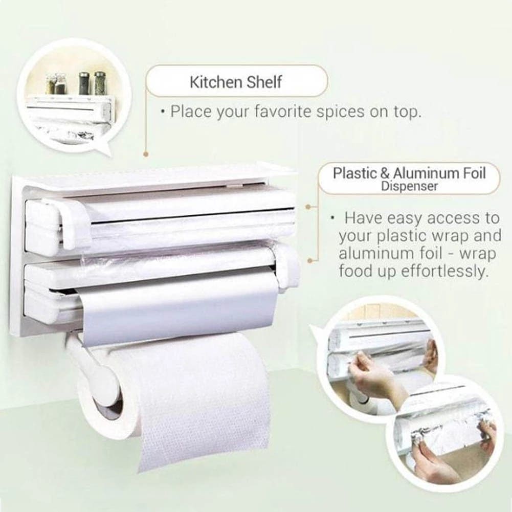 3 In 1 Multifunctional Kitchen Roll Holder, Cling Film Wall Mounted Paper Holder Shelf, Triple Food Wrap Dispenser, Kitchen Roll Holder With Spice Rack and Slide Cutter, Multifunctional Cling Film Cutter