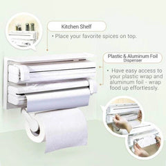 3 In 1 Multifunctional Kitchen Roll Holder, Cling Film Wall Mounted Paper Holder Shelf, Triple Food Wrap Dispenser, Kitchen Roll Holder With Spice Rack and Slide Cutter, Multifunctional Cling Film Cutter