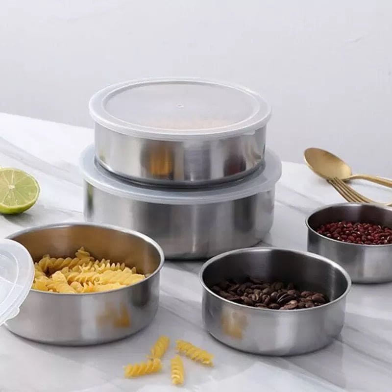Set Of 5 Stainless Steel Vessel With Lids, Mixing Crisper Food Container Bowls, Chef Buddy Stainless Steel Bowl Set, Classic Cuisine Metal Fresh Keeping Bowls