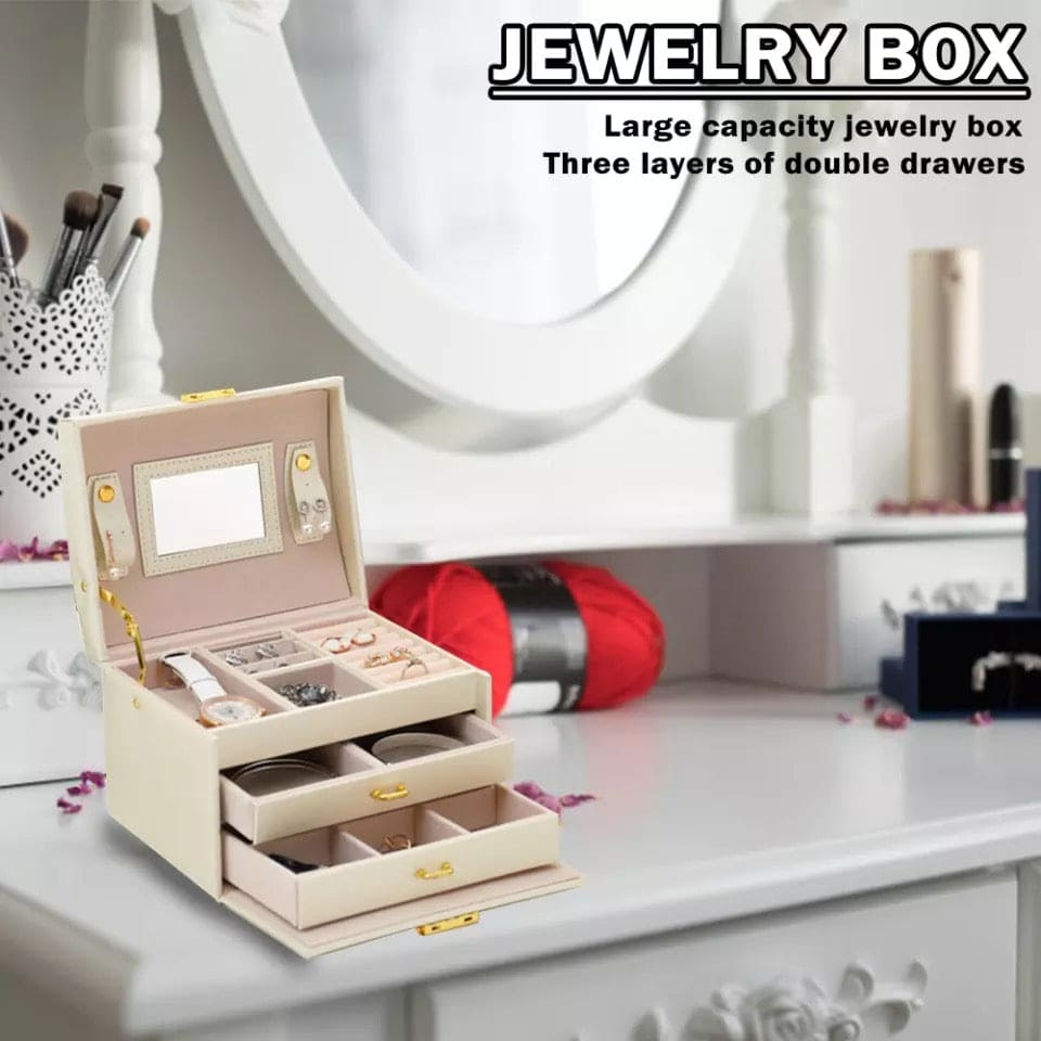 3 Layer Luxurious Large Capacity Jewellery Organizer, Large Capacity Display Holder, Earring Ring Bracelet Storage Case for Women, Double Drawer Leather Jewellery Box, Earring Bracelet Holder Organizer With Mirror
