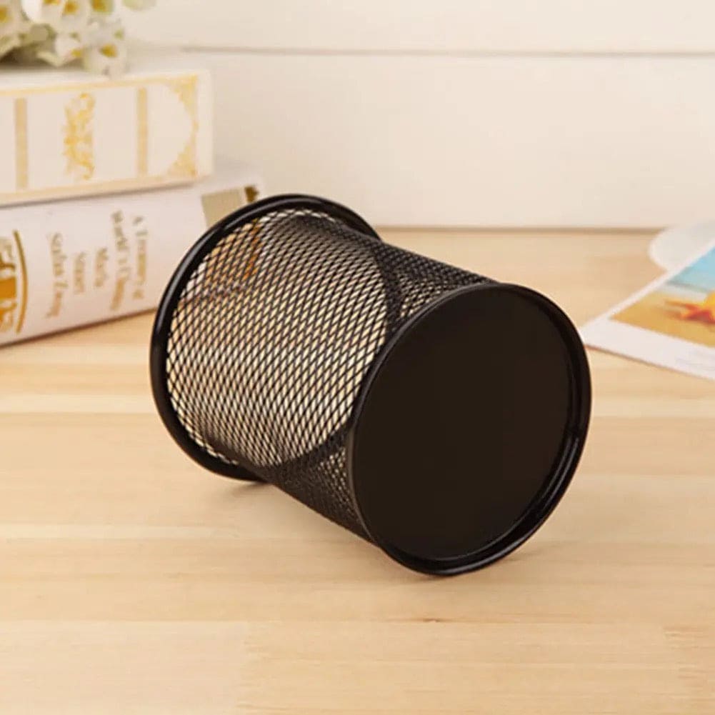 Metal Mesh Pen Holder, Round Pen Pencil Stationary Holder, Black Metal Stationary Organizer, Creative Metal Pen Holder, Pen Stand For Office Table, Sleek Black Stationary Cup