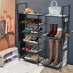 Multifunctional Storage Organizer, Standing Shoe Tower Racks, Cupboard Space Saving Shoe Stand, 7 Tier Shoe Rack for Entryway, Metal Shoe Organizer for Entryway Closet, Stackable Shoe Boots Storage Cabinet With Hooks