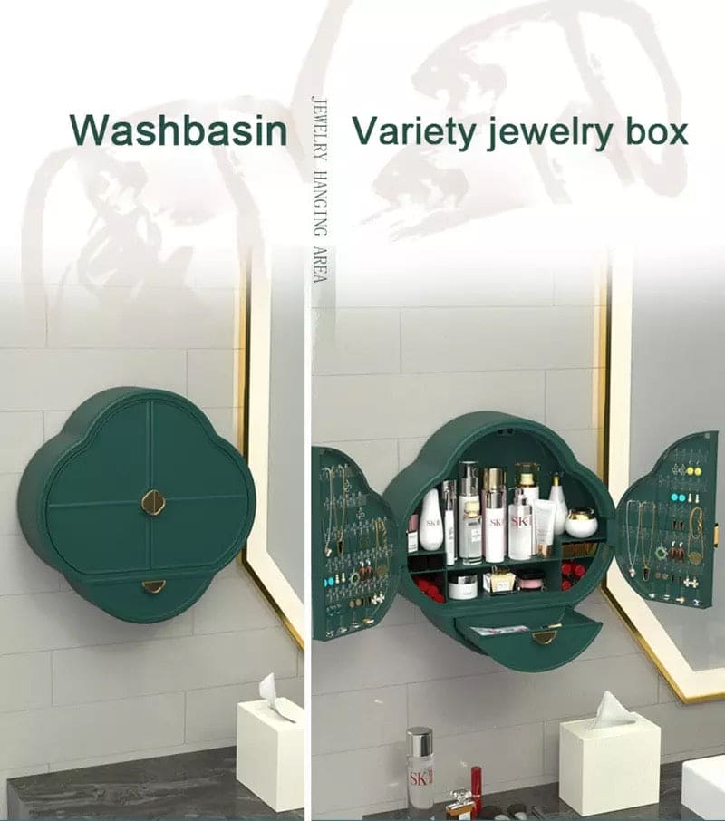 Self Adhesive Dust Proof Storage Box, Walnut Bathroom Jewelry Storage Box, Bathroom Wall-mounted Makeup Organizer, Punch-free Necklace Earring Storage Rack, Perforated Free Cosmetic Dustproof Waterproof Rack