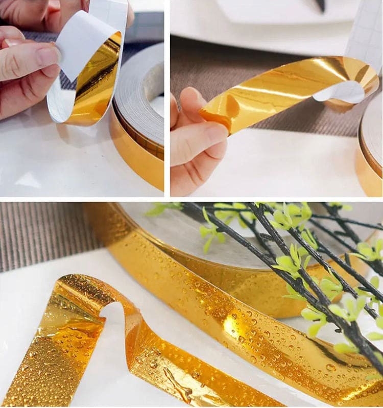 Metallic Floor Sealing Sticker, Tile Tape Sticker, Self Adhesive Sealing Foil Strips, Background Wall Home Decoration Caulk Tape,  Waterproof Seam Wall Stickers, Decoration Tape For Home Floor Tiles, Wall Decor, Gold Foil Self Adhesive Tile Stickers Tape